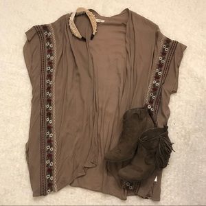 Taupe & Burgundy Floral Embroidered Kimono
